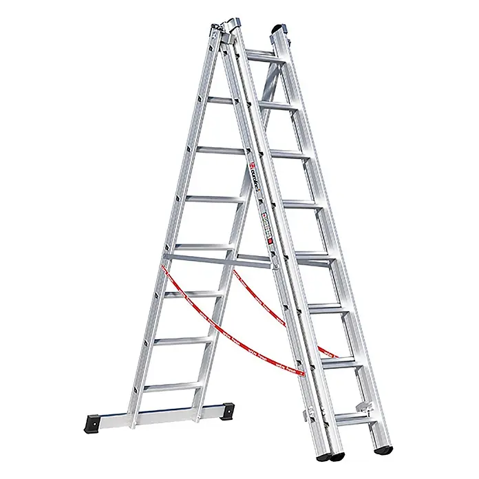Euroline Mehrzweckleiter Premium 307 Mehrzweckleiter 3x8 Sprossen - Anzahl Tritte: 8 Stk., Arbeitshöhe: 7.000 m - Silberfarbene Aluminium-Kombinationsleiter, als Stehleiter in A-Form mit roten Sicherheitsgurten und schwarzen Füßen dargestellt.
