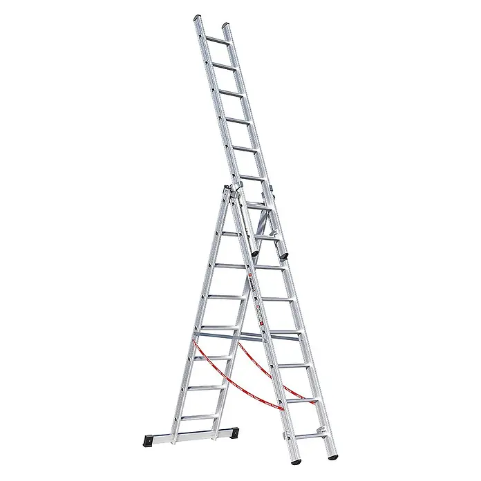 Euroline Mehrzweckleiter Premium 307 Mehrzweckleiter 3x8 Sprossen - Anzahl Tritte: 8 Stk., Arbeitshöhe: 7.000 m - Silberne Aluminium-Mehrzweckleiter, als Stehleiter mit ausgefahrenem Oberteil und roten Sicherheitsgurten.