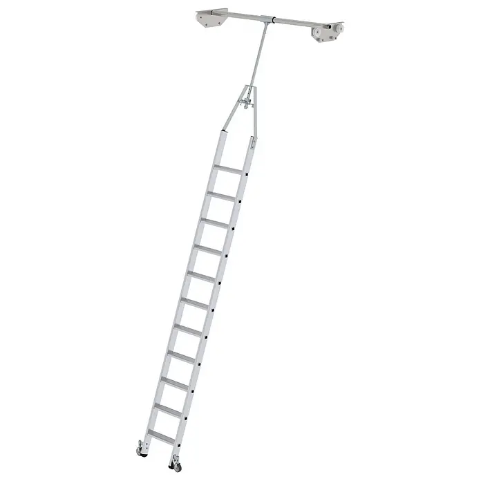 Munk Mehrzweckleiter Aluminium-Regalleiter für Doppelregal drehbar 11 Stufen - Anzahl Tritte: 11 Stk., Arbeitshöhe: 4.610 m, Aluminium - Silberne Aluminium-Bodentreppe mit Deckenbefestigung und Rollen am Fuß.