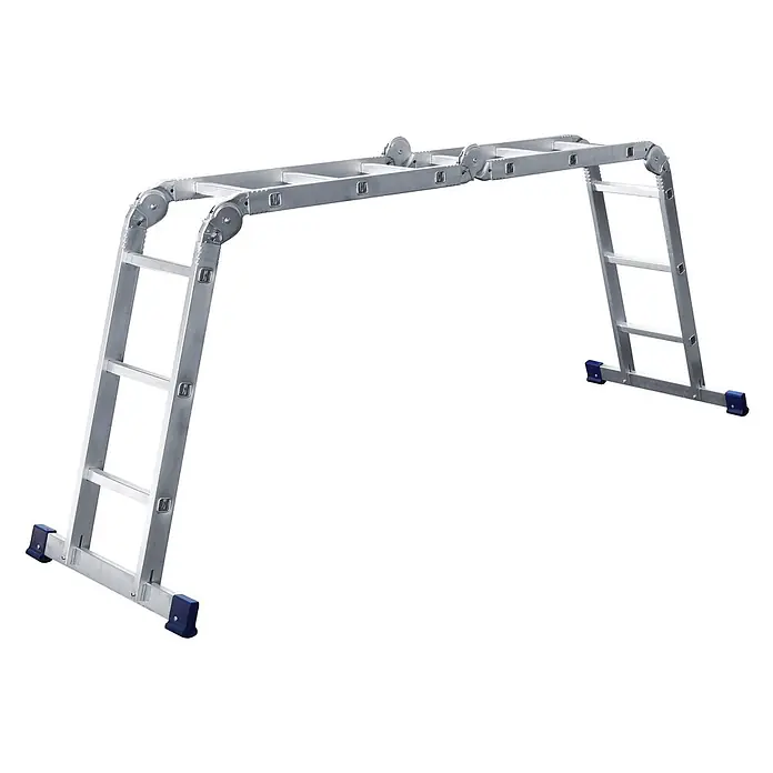 Iller Leiter Mehrzweckleiter Gelenk Eurostars 2x3 / 2x4 Sprossen - Anzahl Tritte: 4 Stk., Aluminium - Silberne Aluminium-Mehrzweckleiter in Gerüstkonfiguration mit Gelenken und blauen Antirutschfüßen.