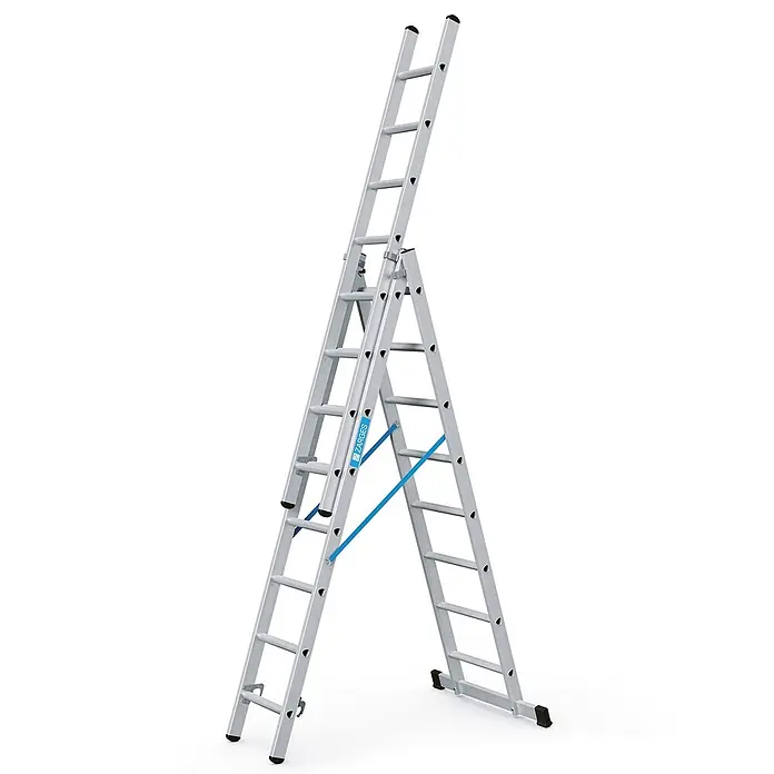 Zarges Mehrzweckleiter Skymaster DX Mehrzweckleiter 3x8 Sprossen - Anzahl Tritte: 8 Stk., Arbeitshöhe: 6.000 m, Aluminium - Silberne Aluminium-Mehrzweckleiter als Stehleiter mit Verlängerung, mit blauen Stabilisatoren und schwarzen Füßen.