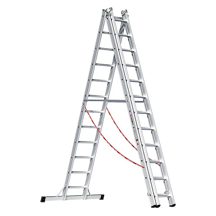 Euroline Mehrzweckleiter Premium 307 Mehrzweckleiter 3x12 Sprossen - Anzahl Tritte: 12 Stk., Arbeitshöhe: 9.500 m - Silberne Aluminium-Mehrzweckleiter in A-Form mit roten Sicherheitsgurten.