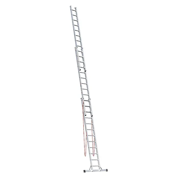 Euroline Mehrzweckleiter Premium 307 Mehrzweckleiter 3x12 Sprossen - Anzahl Tritte: 12 Stk., Arbeitshöhe: 9.500 m - Silberne Aluminium-Ausziehleiter mit mehreren Abschnitten, rotem Seilzug und stabilisierenden Füßen.
