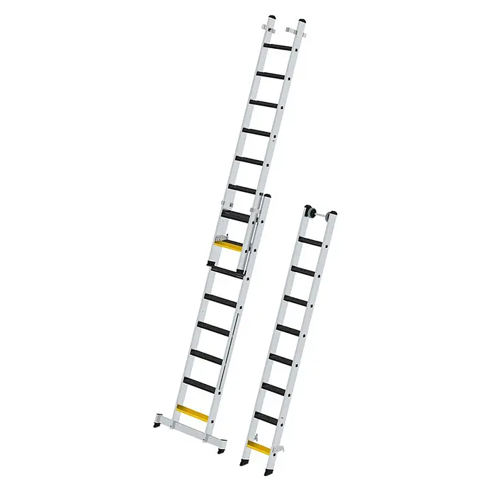 Munk Mehrzweckleiter Stufen- Mehrzweckleiter mit Wandlaufrollen, clipstep R13 und Nivello® Trav - Anzahl Tritte: 8 Stk., Arbeitshöhe: 6.900 m, Aluminium - Zwei silberne Anlegeleitern, eine teilweise ausgefahren, mit schwarzen Sprossen und gelben Sicherheitselementen.