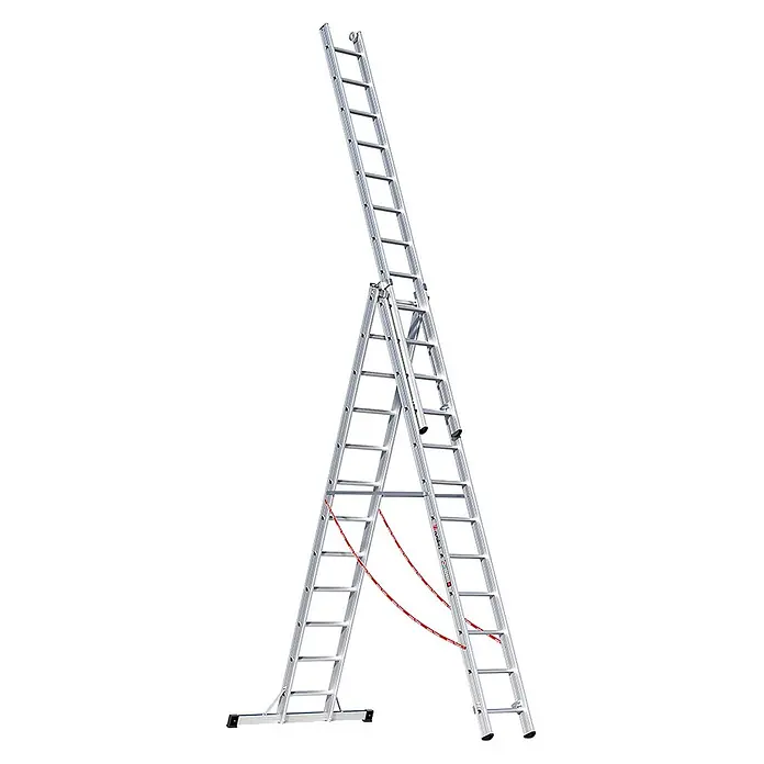 Euroline Mehrzweckleiter Premium 307 Mehrzweckleiter 3x12 Sprossen - Anzahl Tritte: 12 Stk., Arbeitshöhe: 9.500 m - Silberne Aluminium-Mehrzweckleiter, als Stehleiter mit ausgefahrenem dritten Element und roten Sicherungsbändern aufgestellt.