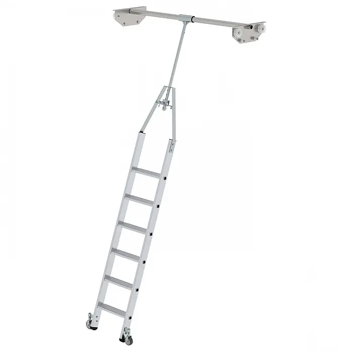 Munk Mehrzweckleiter Aluminium-Regalleiter für Doppelregal drehbar 6 Stufen - Anzahl Tritte: 6 Stk., Arbeitshöhe: 3.440 m, Aluminium - Aluminium-Dachbodenleiter mit Decken-Gleitsystem und Rollen.