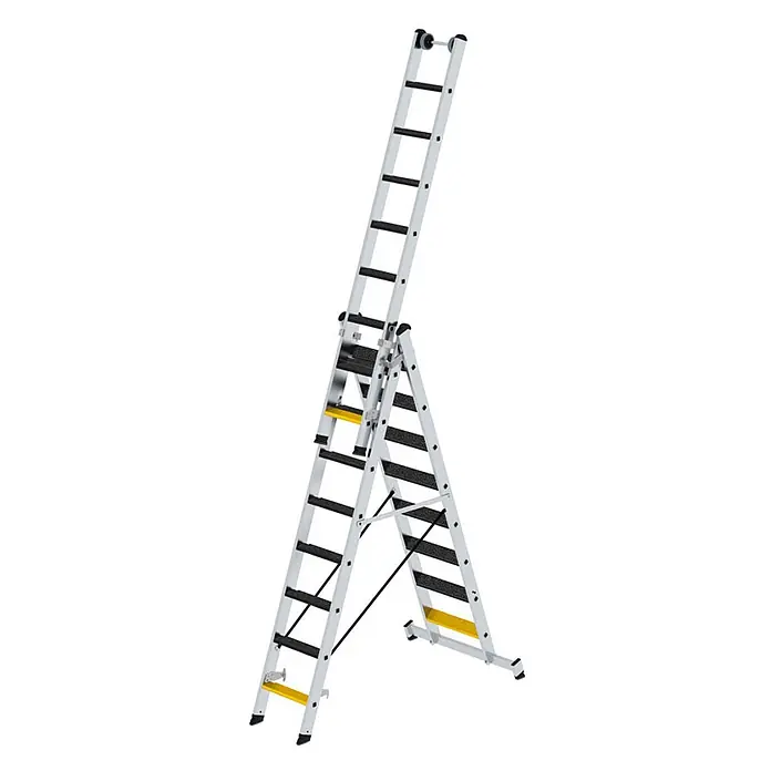 Munk Mehrzweckleiter Stufen- Mehrzweckleiter mit Wandlaufrollen, clipstep R13 und Nivello® Trav - Anzahl Tritte: 8 Stk., Arbeitshöhe: 6.900 m, Aluminium - Aluminium-Mehrzweckleiter mit schwarzen Sprossen und gelben Stabilisatoren, als Stehleiter mit ausgefahrenem Oberteil.
