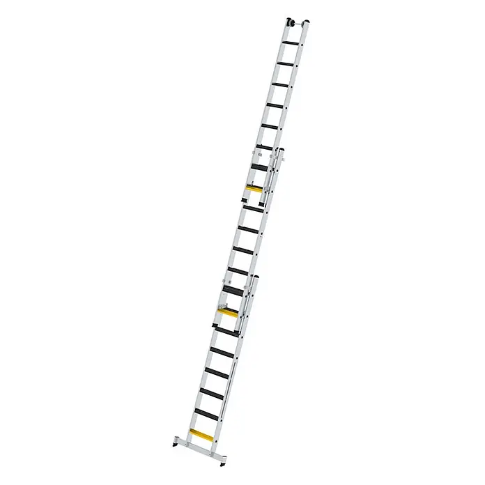 Munk Mehrzweckleiter Stufen- Mehrzweckleiter mit Wandlaufrollen, clipstep R13 und Nivello® Trav - Anzahl Tritte: 8 Stk., Arbeitshöhe: 6.900 m, Aluminium - Silberne Aluminium-Ausziehleiter mit schwarzen Sprossen und gelben Akzenten.