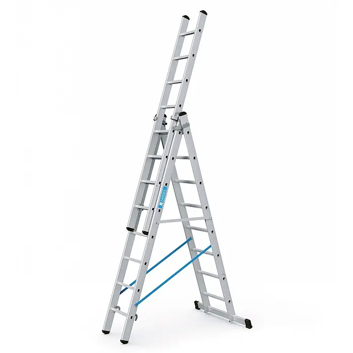 Zarges Mehrzweckleiter Skymaster X Mehrzweckleiter 3x8 Sprossen - Anzahl Tritte: 8 Stk., Arbeitshöhe: 6.550 m, Aluminium - Silberne Aluminium-Mehrzweckleiter mit schwarzen Füßen und blauen Stabilisierungsbändern, als Stehleiter mit ausgefahrenem Teil aufgestellt.