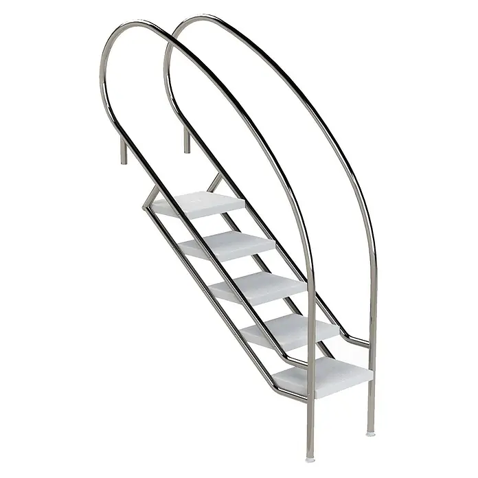 Ideal Eichenwald Mehrzweckleiter Pooltreppe Modell 08.2 Miami Swing Beckentiefe 1399mm Ausladung 1338mm 5 AB - Anzahl Tritte: 5 Stk., Belastbarkeit: 120 kg, Edelstahl - Polierte Chrom-Poolleiter mit fünf weißen, rutschfesten Stufen und gebogenen Handläufen.