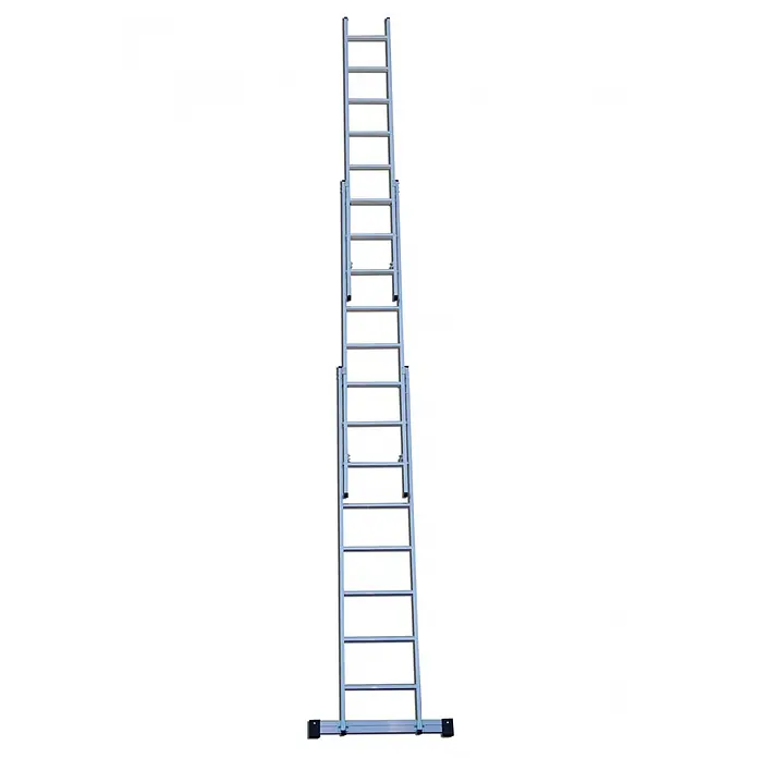 Euroline Schiebeleiter Premium 303 Schiebeleiter 3x12 Sprossen - Anzahl Tritte: 12 Stk., Arbeitshöhe: 9.800 m, Aluminium - Silberne Aluminium-Ausziehleiter mit schwarzen Standfüßen.