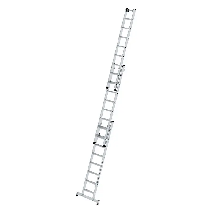 Munk Mehrzweckleiter Stufen- Mehrzweckleiter mit Wandlaufrollen und Nivello® Traverse 3x8 Stufe - Anzahl Tritte: 8 Stk., Arbeitshöhe: 6.100 m, Aluminium - Silberne Aluminium-Ausziehleiter mit mehreren Abschnitten und schwarzen Antirutschfüßen.