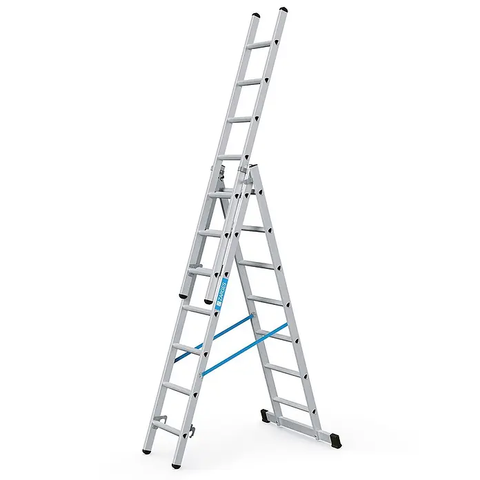 Zarges Mehrzweckleiter Skymaster DX Mehrzweckleiter 3x7 Sprossen - Anzahl Tritte: 7 Stk., Arbeitshöhe: 5.200 m, Aluminium - Silberne Aluminium-Mehrzweckleiter im A-Stand, mit ausgefahrenem dritten Element und blauen Stabilisierungsstangen.