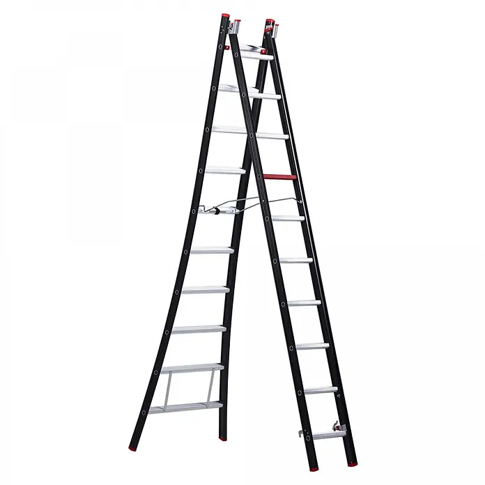 Altrex Mehrzweckleiter Nevada Mehrzweckleiter NZR 2063 2x12 Sprossen - Anzahl Tritte: 12 Stk., Arbeitshöhe: 7.100 m, Aluminium - Schwarze Mehrzweckleiter mit silbernen Stufen und roten Akzenten, als Steh- oder Anlegeleiter konfigurierbar.