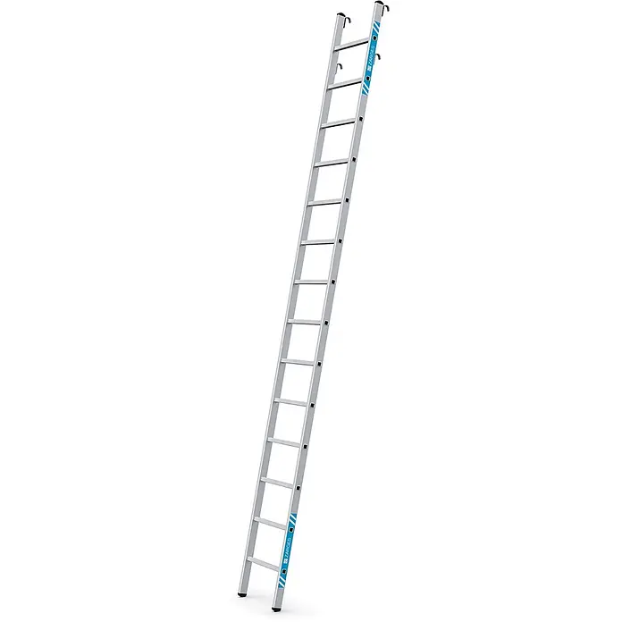 Zarges Mehrzweckleiter Regaleinhängeleiter Stella LH mit 14 Stufen - Anzahl Tritte: 14 Stk., Aluminium - Silberne ZARGES Aluminium-Dachleiter mit Haken.