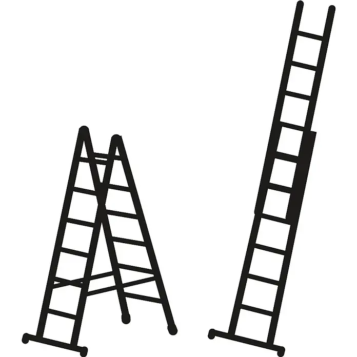 Zarges Mehrzweckleiter Kombileiter Combimaster Plus X 2x16 Sprossen - Anzahl Tritte: 16 Stk., Arbeitshöhe: 9.000 m, Aluminium - Zwei schwarze Leitern: eine Stehleiter und eine Ausziehleiter.
