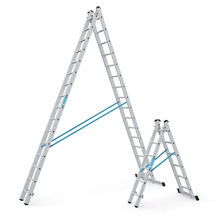 Zarges Mehrzweckleiter Kombileiter Combimaster Plus X 2x6 Sprossen - Anzahl Tritte: 6 Stk., Arbeitshöhe: 3.800 m, Aluminium - Zwei silberne Aluminium-Stehleitern, eine große und eine kleine, mit blauen Querstreben.