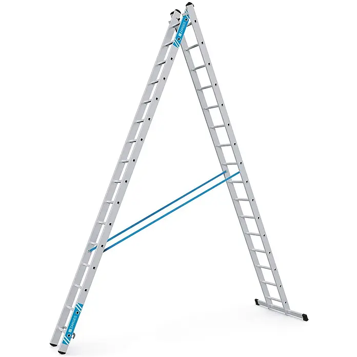 Zarges Mehrzweckleiter Kombileiter Combimaster Plus X 2x16 Sprossen - Anzahl Tritte: 16 Stk., Arbeitshöhe: 9.000 m, Aluminium - Silberne Aluminium-Stehleiter mit blauen Stabilisierungsstangen.