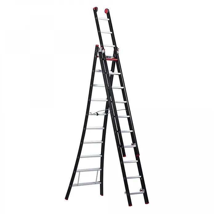Altrex Mehrzweckleiter Nevada Mehrzweckleiter NZR 3075 3x10 Sprossen - Anzahl Tritte: 10 Stk., Arbeitshöhe: 8.300 m, Aluminium - Schwarze und silberne Aluminium-Mehrzweckleiter mit roten Akzenten, als Stehleiter mit Auszug konfiguriert.