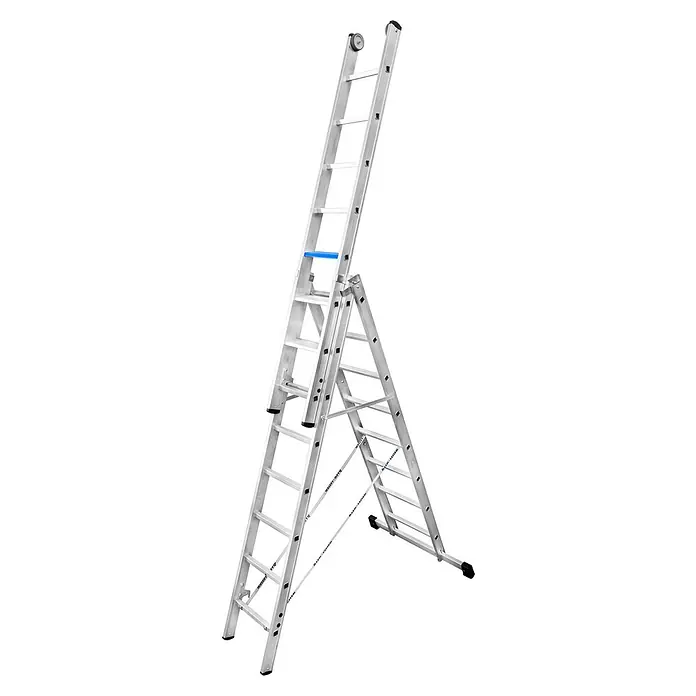 Iller Leiter Mehrzweckleiter Stufen Mehrzweck ERGO Plus mit plattformartigen Standflächen 3x8 Stufen - Arbeitshöhe: 6.700 m, Aluminium - Silberne Aluminium-Mehrzweckleiter in A-Form mit Auszug, mit schwarzen Füßen, oberen Rollen und blauem Tritt.
