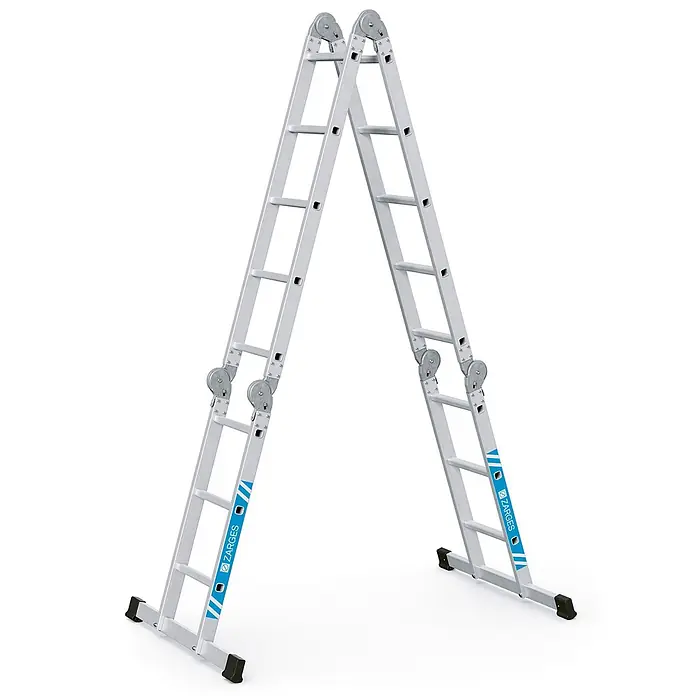 Zarges Mehrzweckleiter Vielzweckleiter Multitec M 2x3 + 2x5 Sprossen - Anzahl Tritte: 4 Stk., Arbeitshöhe: 5.500 m, Aluminium - Silberne Aluminium-Mehrzweckleiter, klappbar, mit schwarzen Füßen.