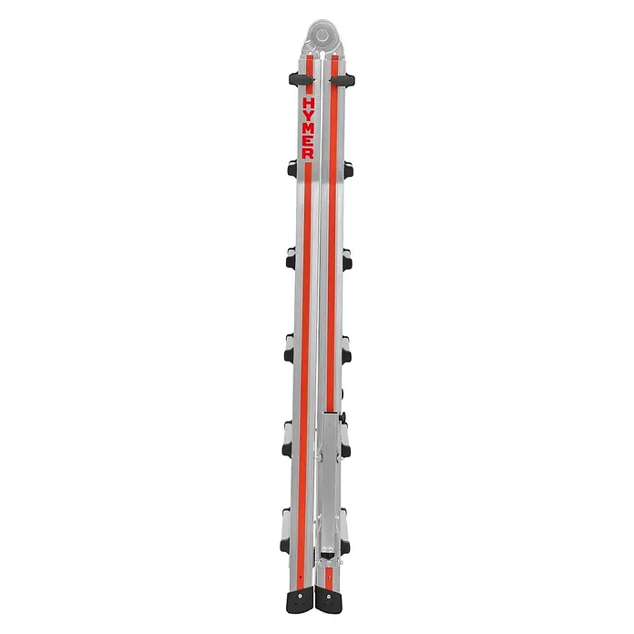 Hymer Mehrzweckleiter Teleskopleiter 4x6 Sprossen - Anzahl Tritte: 6 Stk., Arbeitshöhe: 7.200 m, Aluminium - Silberne Aluminium-Teleskopleiter, kompakt zusammengeklappt, mit orangefarbenen Streifen und schwarzen Stufen.