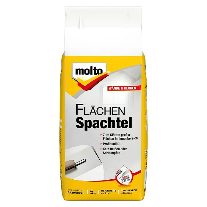 Molto Flächenspachtel - 5 kg - Ein 5kg-Sack Molto Flächenspachtel zum Glätten von Wänden und Decken im Innenbereich. Profiqualität, kein Reißen oder Schrumpfen.