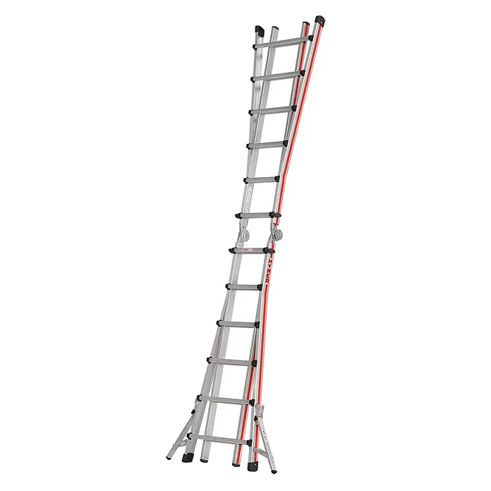 Hymer Mehrzweckleiter Teleskopleiter 4x6 Sprossen - Anzahl Tritte: 6 Stk., Arbeitshöhe: 7.200 m, Aluminium - Mehrzweck-Gelenkleiter aus silbernem Aluminium mit roten Streifen, schwarzen Antirutschfüßen und Rollen, in A-Form aufgestellt.