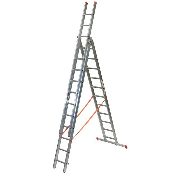 Facal Mehrzweckleiter Mehrzweckleiter 3-teilig GENIA S300 3x11 Sprossen - Anzahl Tritte: 11 Stk., Arbeitshöhe: 9.240 m, Aluminium - Silberfarbene Aluminium-Mehrzweckleiter in A-Form mit ausgefahrenem Segment und orangefarbenen Sicherheitsgurten.