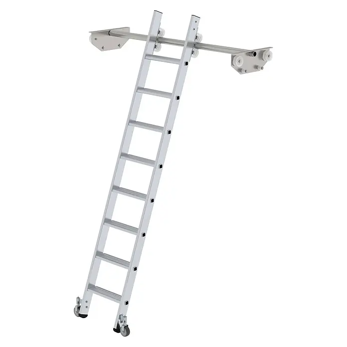 Munk Mehrzweckleiter Aluminium-Regalleiter für Doppelregal 8 Stufen - Anzahl Tritte: 8 Stk., Arbeitshöhe: 3.120 m, Aluminium - Silberfarbene Aluminium-Schiebeleiter mit oberem Schienensystem und unteren Rollen für leichte Mobilität.