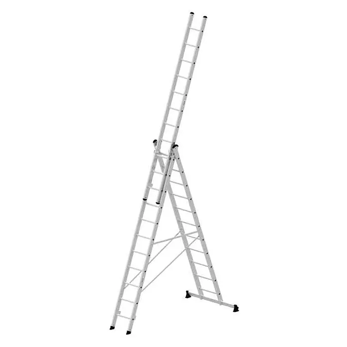 Munk Mehrzweckleiter Mehrzweckleiter mit Nivello® Traverse 3x11 Sprossen - Anzahl Tritte: 11 Stk., Arbeitshöhe: 8.900 m, Aluminium - Silberne Aluminium-Mehrzweckleiter in A-Rahmen-Konfiguration mit ausgefahrenem Abschnitt.