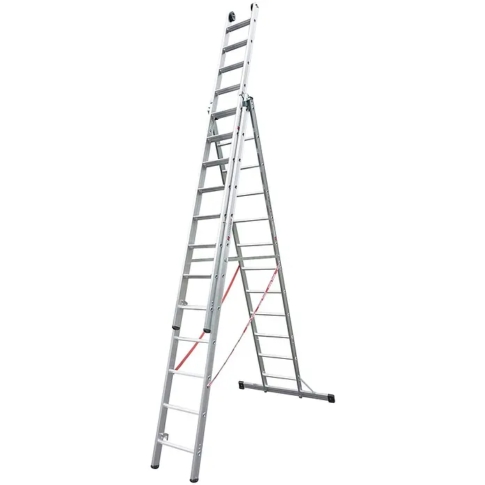 Euroline Mehrzweckleiter Premium 30777 Stufen Mehrzweckleiter mit Wandlaufrollen 3-teilig 3x12 Stufe - Anzahl Tritte: 12 Stk., Arbeitshöhe: 8.850 m, Belastbarkeit: 150 kg, Aluminium - Silberfarbene Aluminium-Mehrzweckleiter, als Stehleiter mit Verlängerung und roten Sicherheitsgurten aufgestellt.