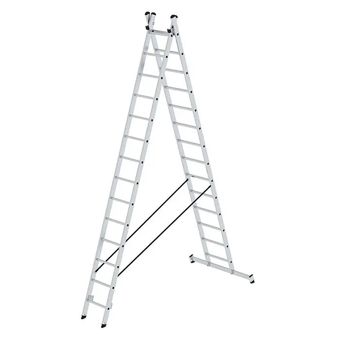 Munk Mehrzweckleiter Mehrzweckleiter 2-teilig 2x14 Sprossen - Anzahl Tritte: 14 Stk., Arbeitshöhe: 8.000 m, Aluminium - Ausziehbare Leiter aus silbernem Aluminium in Stehleiter-Konfiguration mit schwarzen Anti-Rutsch-Füßen und Stabilisierungsstangen.