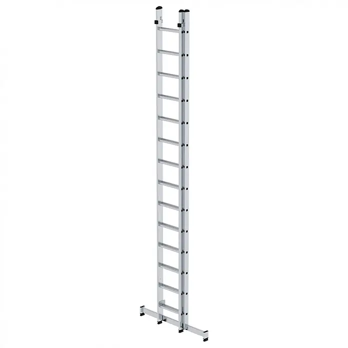 Munk Mehrzweckleiter Mehrzweckleiter 2-teilig 2x14 Sprossen - Anzahl Tritte: 14 Stk., Arbeitshöhe: 8.000 m, Aluminium - Silberne Aluminium-Ausziehleiter mit breitem Stabilisatorfuß und schwarzen Schutzkappen oben.