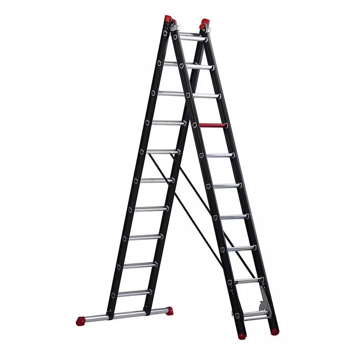 Altrex Mehrzweckleiter Mounter Mehrzweckleiter ZR 2050 2x10 Sprossen - Anzahl Tritte: 10 Stk., Arbeitshöhe: 5.900 m, Aluminium - Schwarze und silberne Aluminium-Mehrzweckleiter in A-Form mit roten Akzenten.
