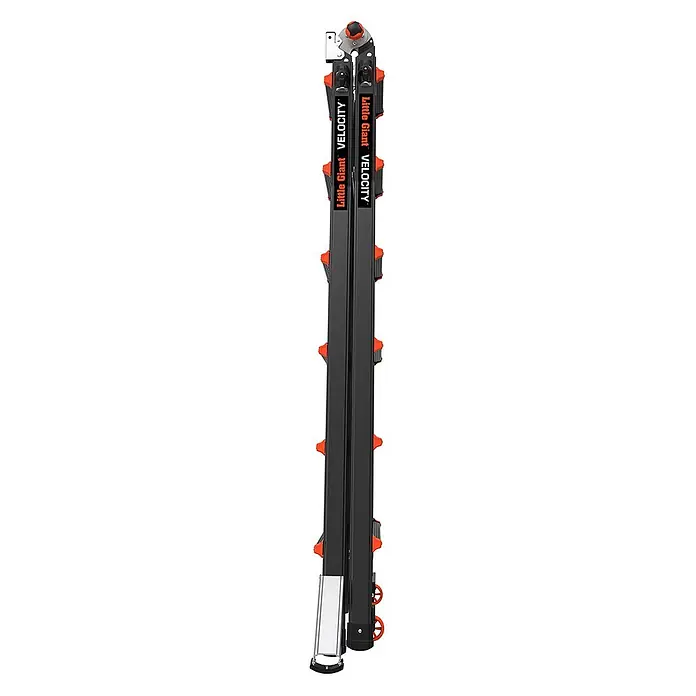 Altrex Mehrzweckleiter Vielzweckleiter Velocity Black Pro 4x6 Sprossen - Anzahl Tritte: 6 Stk., Arbeitshöhe: 7.680 m - Eine schwarz-orange Little Giant Velocity Mehrzweckleiter, zusammengeklappt für Lagerung oder Transport.