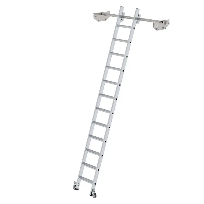 Munk Mehrzweckleiter Aluminium-Regalleiter für Doppelregal 12 Stufen - Anzahl Tritte: 12 Stk., Arbeitshöhe: 4.060 m, Aluminium - Silberne Aluminium-Rollleiter mit oberen Schienen und unteren Rollen für einfaches Verschieben entlang eines Regalsystems.
