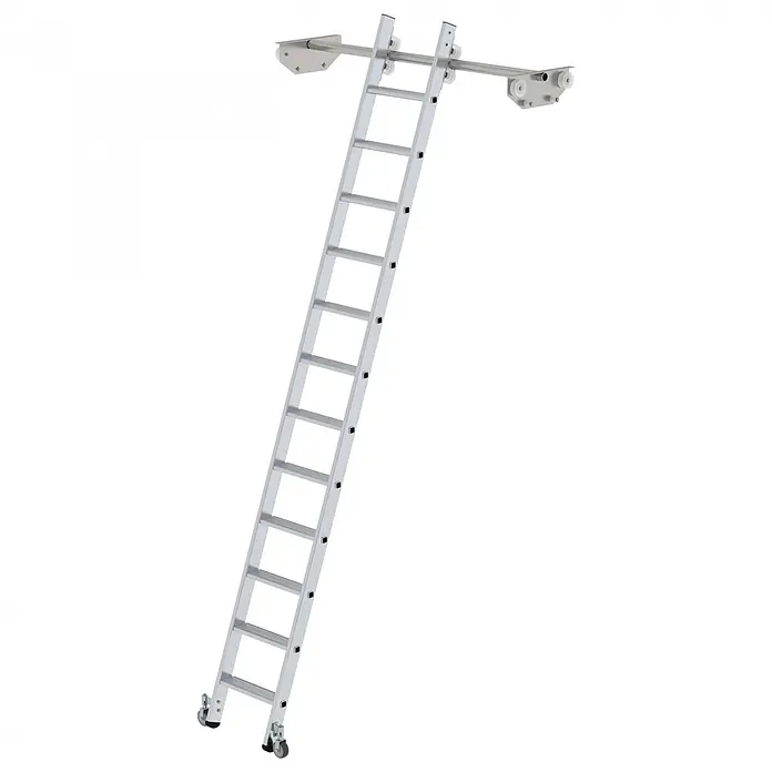 Munk Mehrzweckleiter Aluminium-Regalleiter für Doppelregal 12 Stufen - Anzahl Tritte: 12 Stk., Arbeitshöhe: 4.060 m, Aluminium - Silberne Rollleiter mit Rädern und einem oberen Schienensystem für einfachen Zugang.