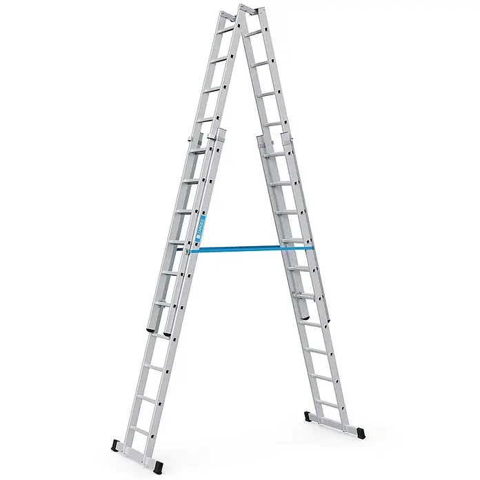 Zarges Mehrzweckleiter Sprossen-Stehleiter Vario B 4x10 Sprossen - Anzahl Tritte: 10 Stk., Arbeitshöhe: 6.000 m, Aluminium - Silberne Aluminium-Mehrzweckleiter, als Stehleiter mit blauer Querstange aufgebaut.