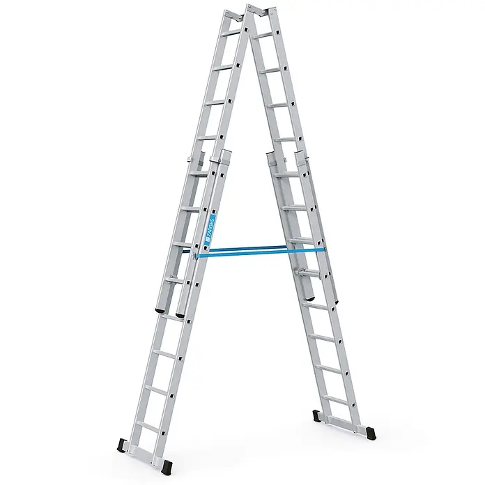 Zarges Mehrzweckleiter Sprossen-Stehleiter Vario B 4x8 Sprossen - Anzahl Tritte: 8 Stk., Arbeitshöhe: 5.150 m, Aluminium - Silberne Gelenkleiter aus Aluminium, als Stehleiter mit blauen Stabilisierungsstangen aufgestellt.