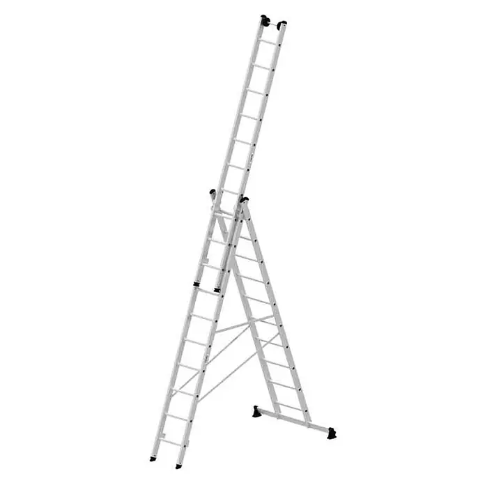 Munk Mehrzweckleiter Mehrzweckleiter mit Nivello® Traverse 3x10 Sprossen - Anzahl Tritte: 10 Stk., Arbeitshöhe: 8.000 m, Aluminium - Silberne Teleskop-Mehrzweckleiter in A-Form-Konfiguration mit einem verlängerten Abschnitt.