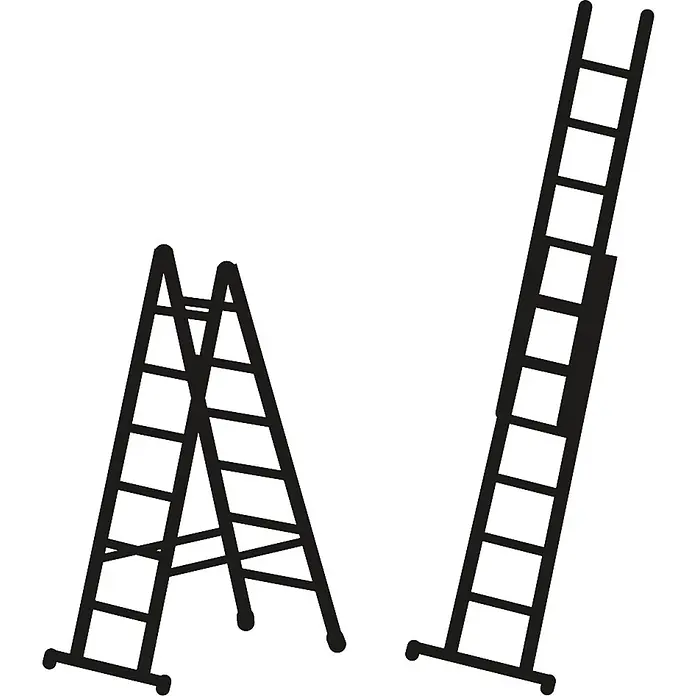 Zarges Mehrzweckleiter Kombileiter Combimaster Plus X 2x6 Sprossen - Anzahl Tritte: 6 Stk., Arbeitshöhe: 3.800 m, Aluminium - Zwei schwarze Leitern: eine Stehleiter und eine Ausziehleiter.