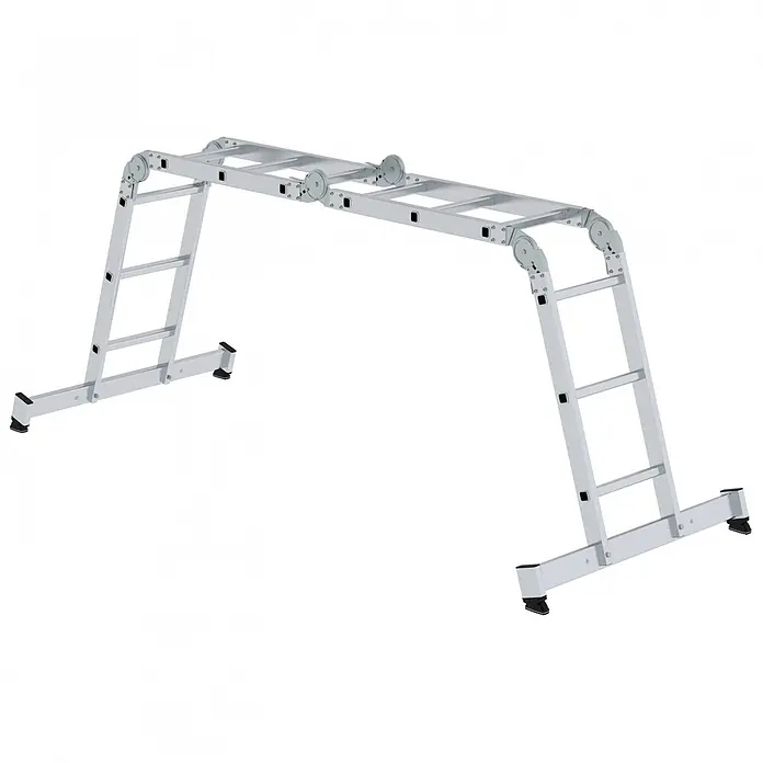Munk Mehrzweckleiter Vielzweckleiter mit Nivello® Traverse 4x3 Sprossen - Anzahl Tritte: 3 Stk., Arbeitshöhe: 4.800 m, Aluminium - Silberne Aluminium-Gelenkleiter, als Arbeitsbühne konfiguriert, mit verstellbaren Gelenken.