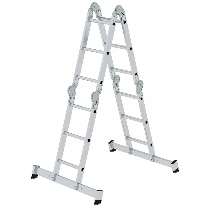 Munk Mehrzweckleiter Vielzweckleiter mit Nivello® Traverse 4x3 Sprossen - Anzahl Tritte: 3 Stk., Arbeitshöhe: 4.800 m, Aluminium - Silberfarbene Aluminium-Mehrzweckleiter, in A-Rahmen-Position aufgestellt.