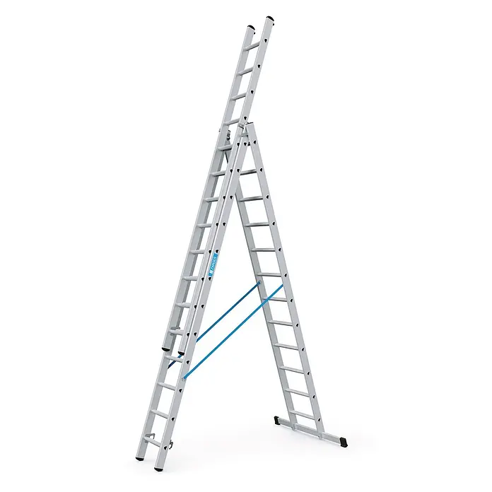 Zarges Mehrzweckleiter Skymaster DX Mehrzweckleiter 3x12 Sprossen - Anzahl Tritte: 12 Stk., Arbeitshöhe: 9.000 m, Aluminium - Aluminium-Mehrzweckleiter, wandelbar, mit blauen Sicherheitsbändern.