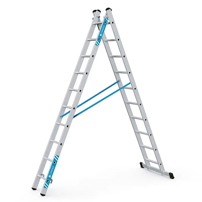 Zarges Mehrzweckleiter Kombileiter Combimaster Plus X 2x10 Sprossen - Anzahl Tritte: 10 Stk., Arbeitshöhe: 5.700 m, Aluminium - Silberne Aluminium-Stehleiter mit blauen Stützgurten.