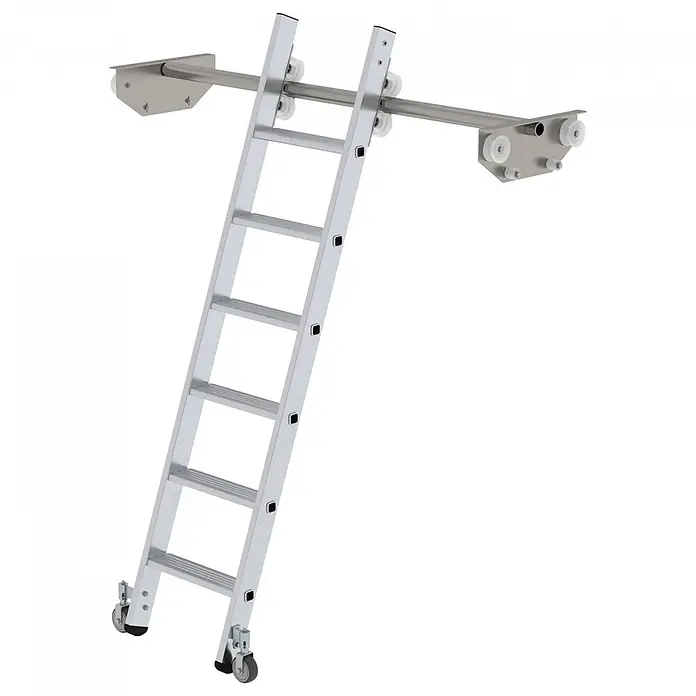 Munk Mehrzweckleiter Aluminium-Regalleiter für Doppelregal 6 Stufen - Anzahl Tritte: 6 Stk., Arbeitshöhe: 2.650 m, Aluminium - Silberne Aluminium-Schiebeleiter mit Rollen und einem horizontalen Schienensystem.