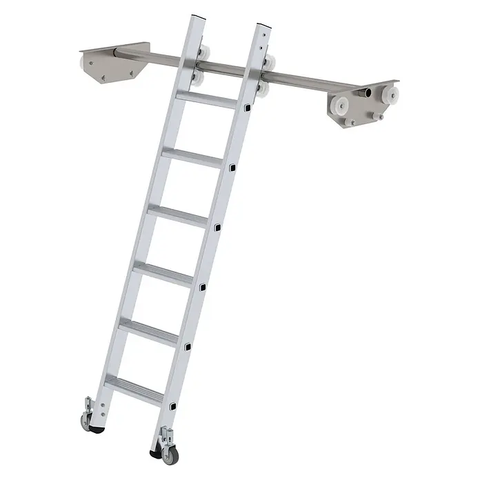 Munk Mehrzweckleiter Aluminium-Regalleiter für Doppelregal 6 Stufen - Anzahl Tritte: 6 Stk., Arbeitshöhe: 2.650 m, Aluminium - Silberne Aluminium-Schiebeleiter mit Rollen oben und unten, auf Schienensystem zur einfachen Bewegung montiert.