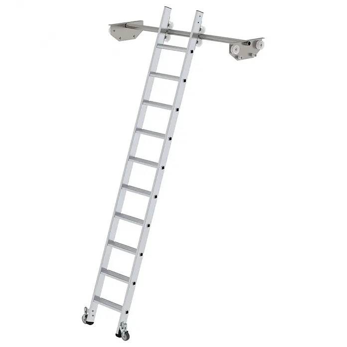 Munk Mehrzweckleiter Aluminium-Regalleiter für Doppelregal 10 Stufen - Anzahl Tritte: 10 Stk., Arbeitshöhe: 3.590 m, Aluminium - Silberne Aluminium-Rollleiter mit horizontalem Schienensystem zur einfachen Bewegung.