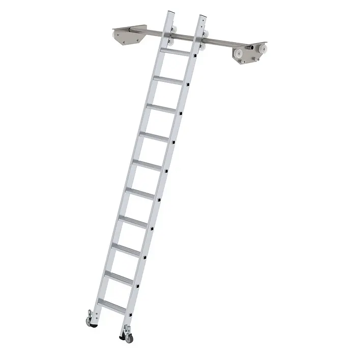Munk Mehrzweckleiter Aluminium-Regalleiter für Doppelregal 10 Stufen - Anzahl Tritte: 10 Stk., Arbeitshöhe: 3.590 m, Aluminium - Silberne Aluminium-Rollleiter mit oberen Rollen für Horizontalschiene und unteren Rädern.